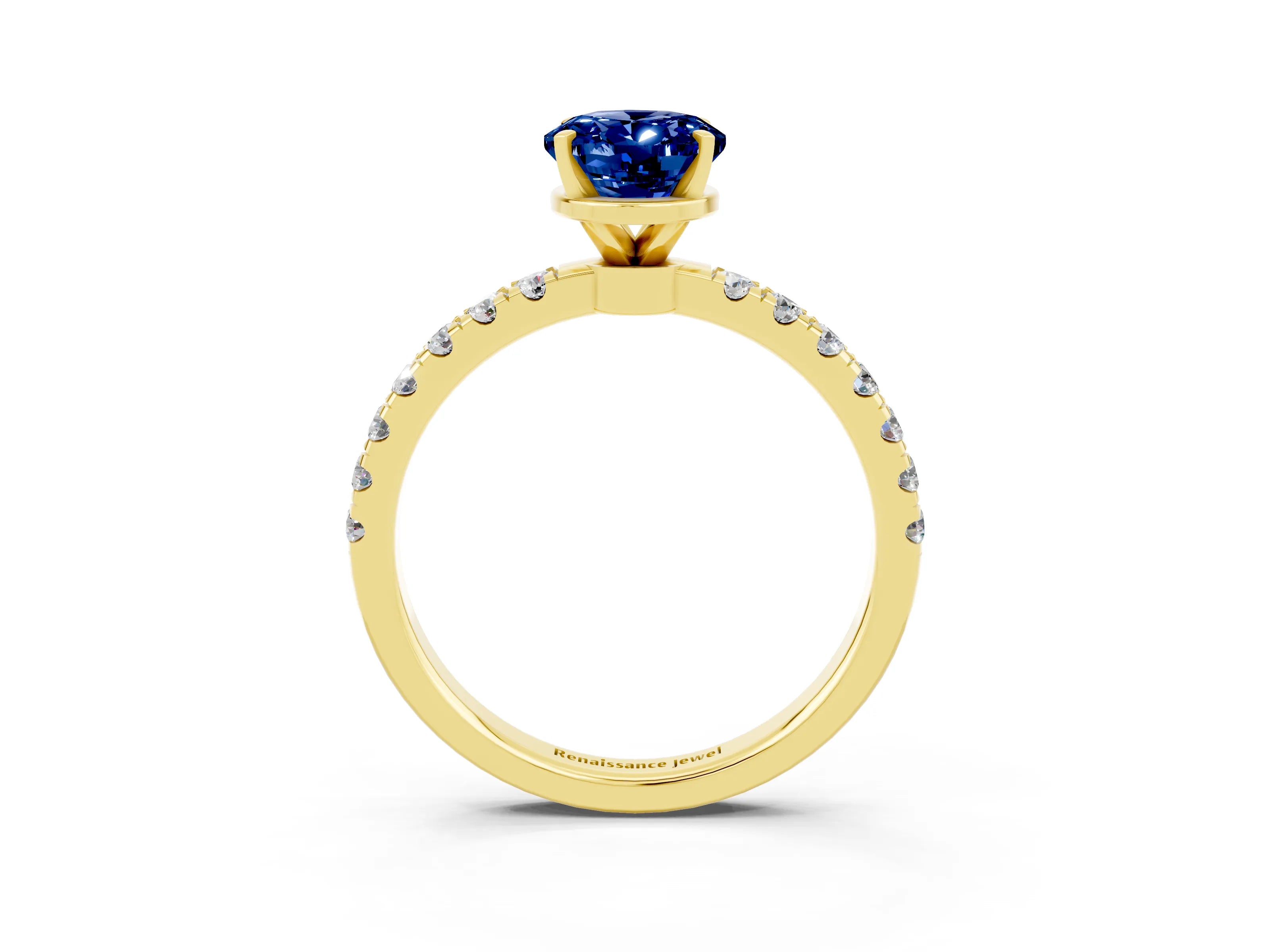 Yellow gold Oval Cut Blue Sapphire Solitaire Ring with Pavé Accents and Four-Prong Setting_3