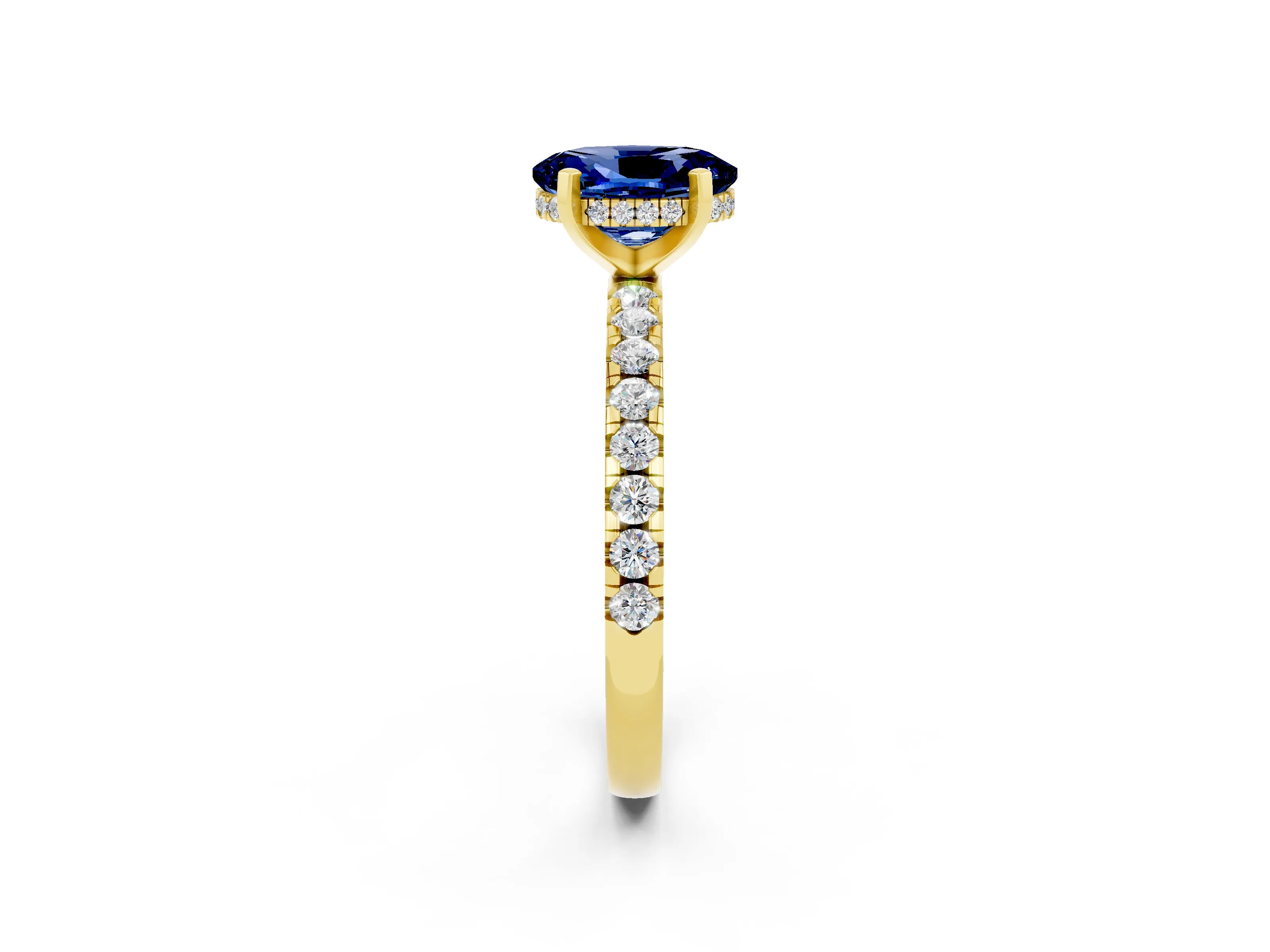 Yellow gold Oval Cut Blue Sapphire Solitaire Ring with Pavé Band and Four-Prong Setting_26