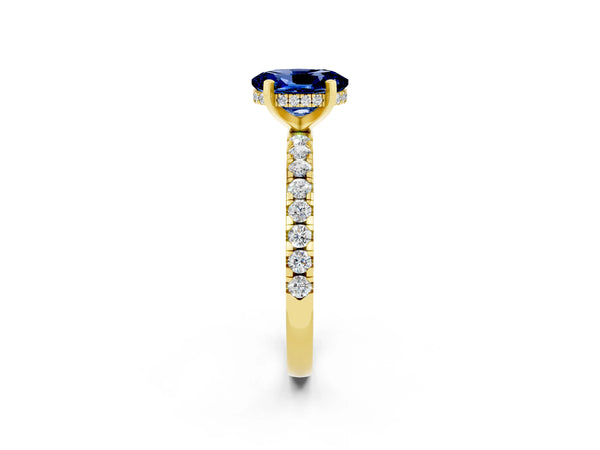 Yellow gold Oval Cut Blue Sapphire Solitaire Ring with Round  Pavé Band and Four-Prong Setting