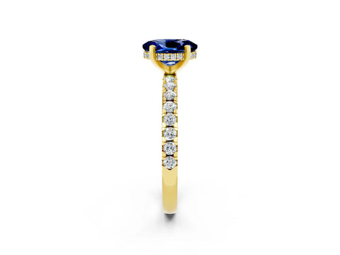 Yellow gold Oval Cut Blue Sapphire Solitaire Ring with Pavé Band and Four-Prong Setting_26