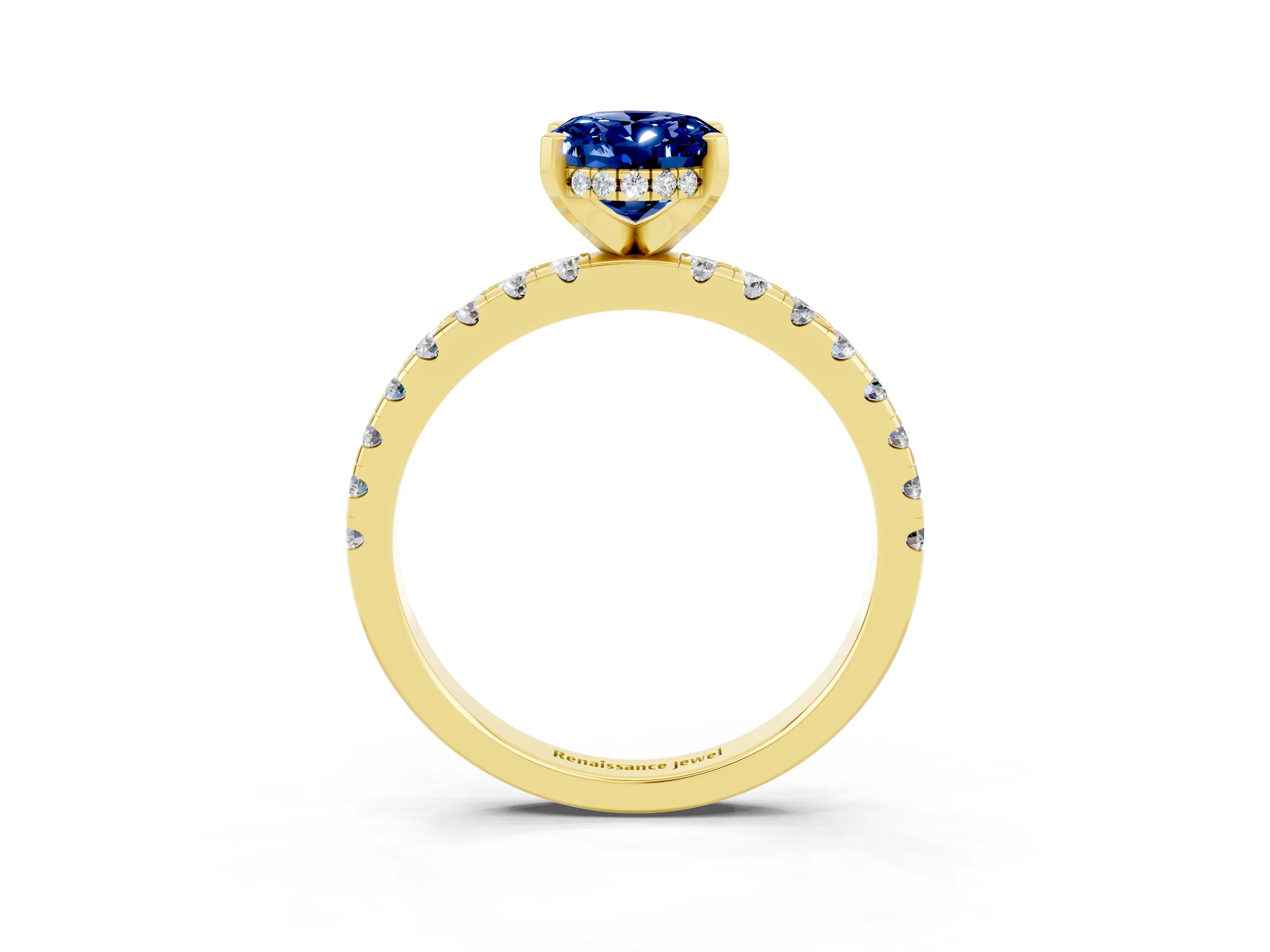 Yellow gold Oval Cut Blue Sapphire Solitaire Ring with Pavé Band and Four-Prong Setting_27