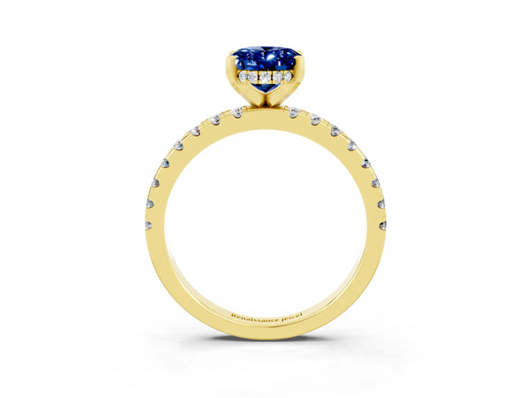 Yellow gold Oval Cut Blue Sapphire Solitaire Ring with Round  Pavé Band and Four-Prong Setting