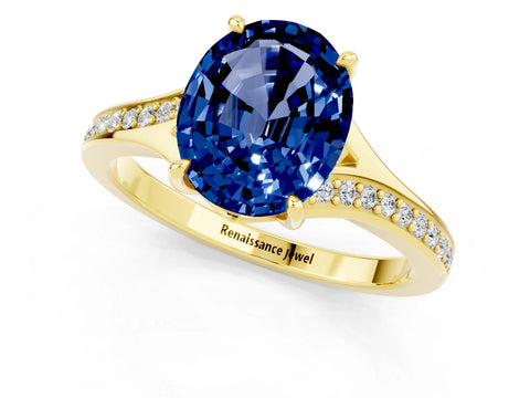 Yellow gold Oval Cut Blue Sapphire Solitaire Ring with Pavé Band and Prong Setting_13