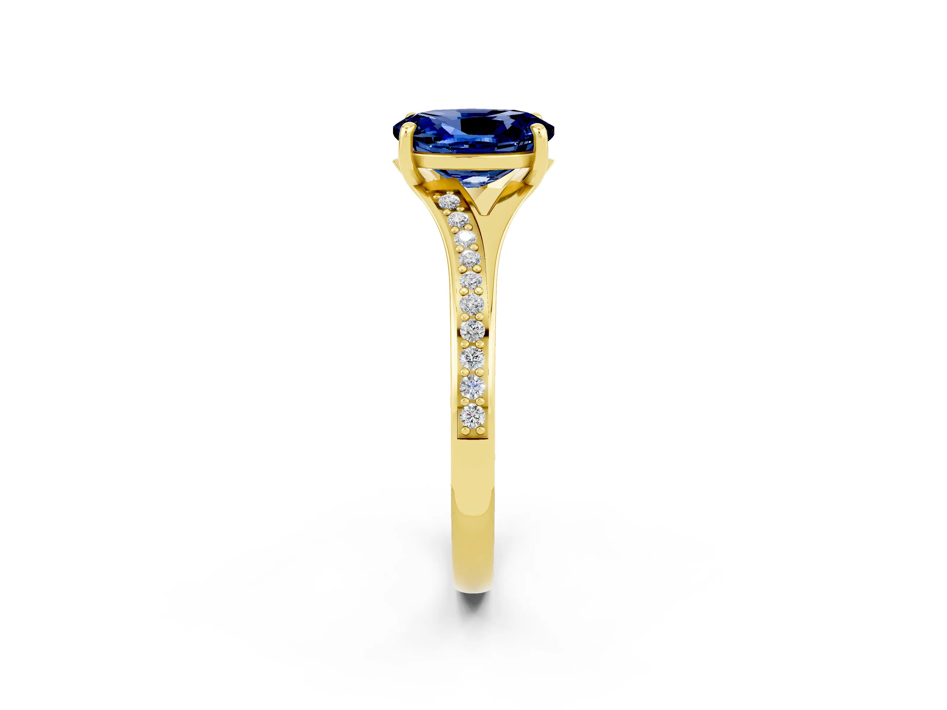 Yellow gold Oval Cut Blue Sapphire Solitaire Ring with Pavé Band and Prong Setting_14