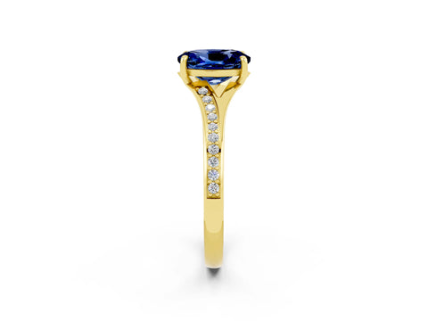 Yellow gold Oval Cut Blue Sapphire Solitaire Ring with Pavé Band and Prong Setting_14