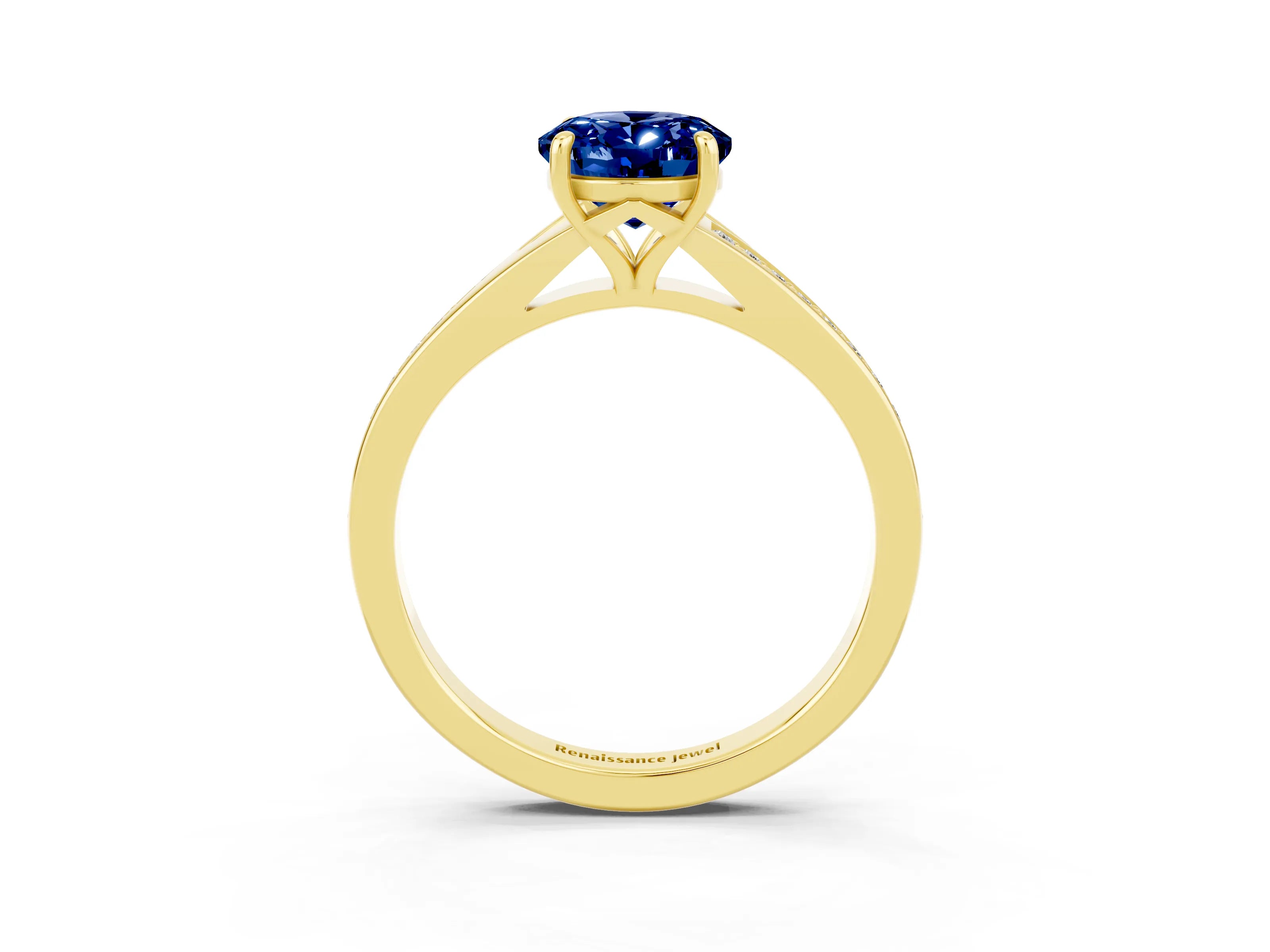 Yellow gold Oval Cut Blue Sapphire Solitaire Ring with Pavé Band and Prong Setting_15