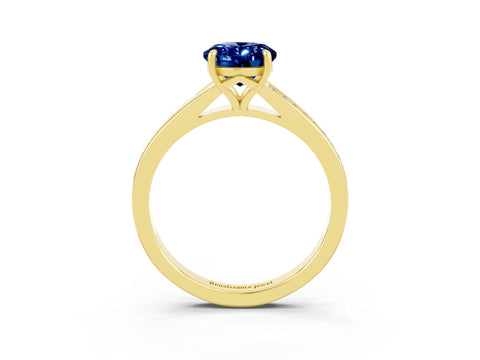 Yellow gold Oval Cut Blue Sapphire Solitaire Ring with Pavé Band and Prong Setting_15