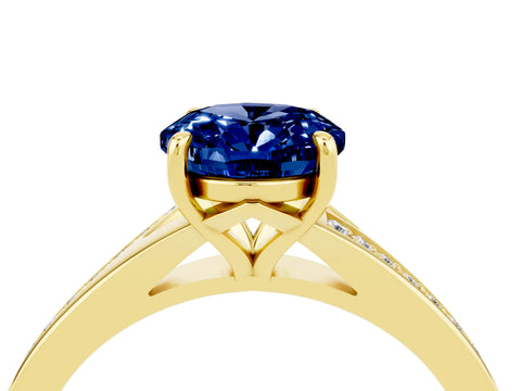 Yellow gold Oval Cut Blue Sapphire Solitaire Ring with Pavé Band and Prong Setting_16