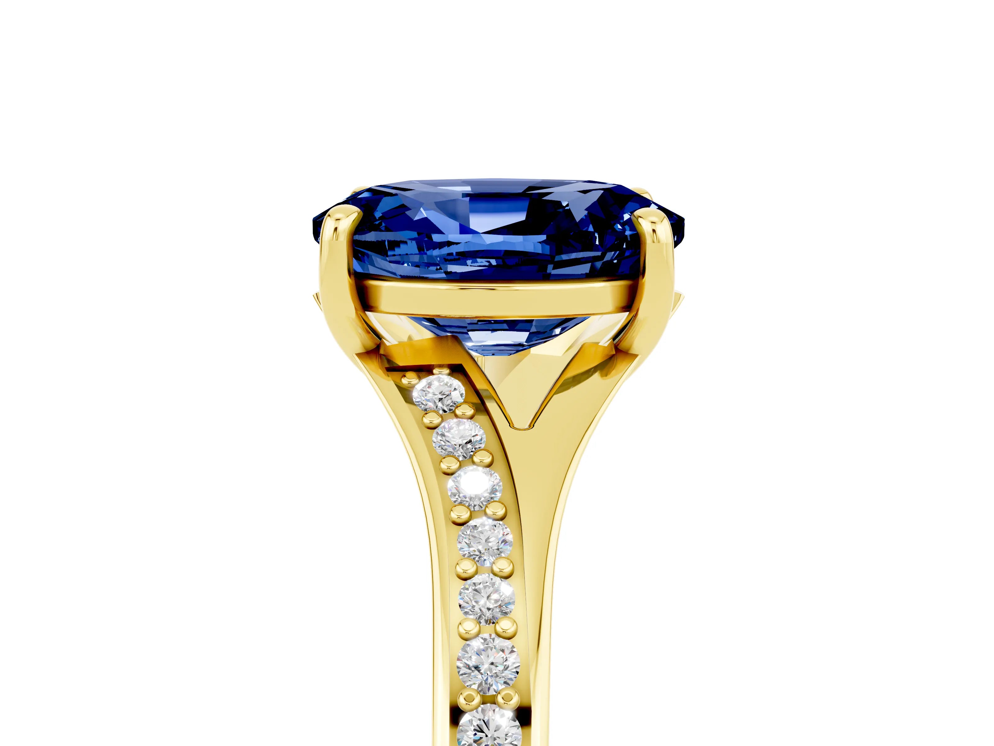 Yellow gold Oval Cut Blue Sapphire Solitaire Ring with Pavé Band and Prong Setting_17
