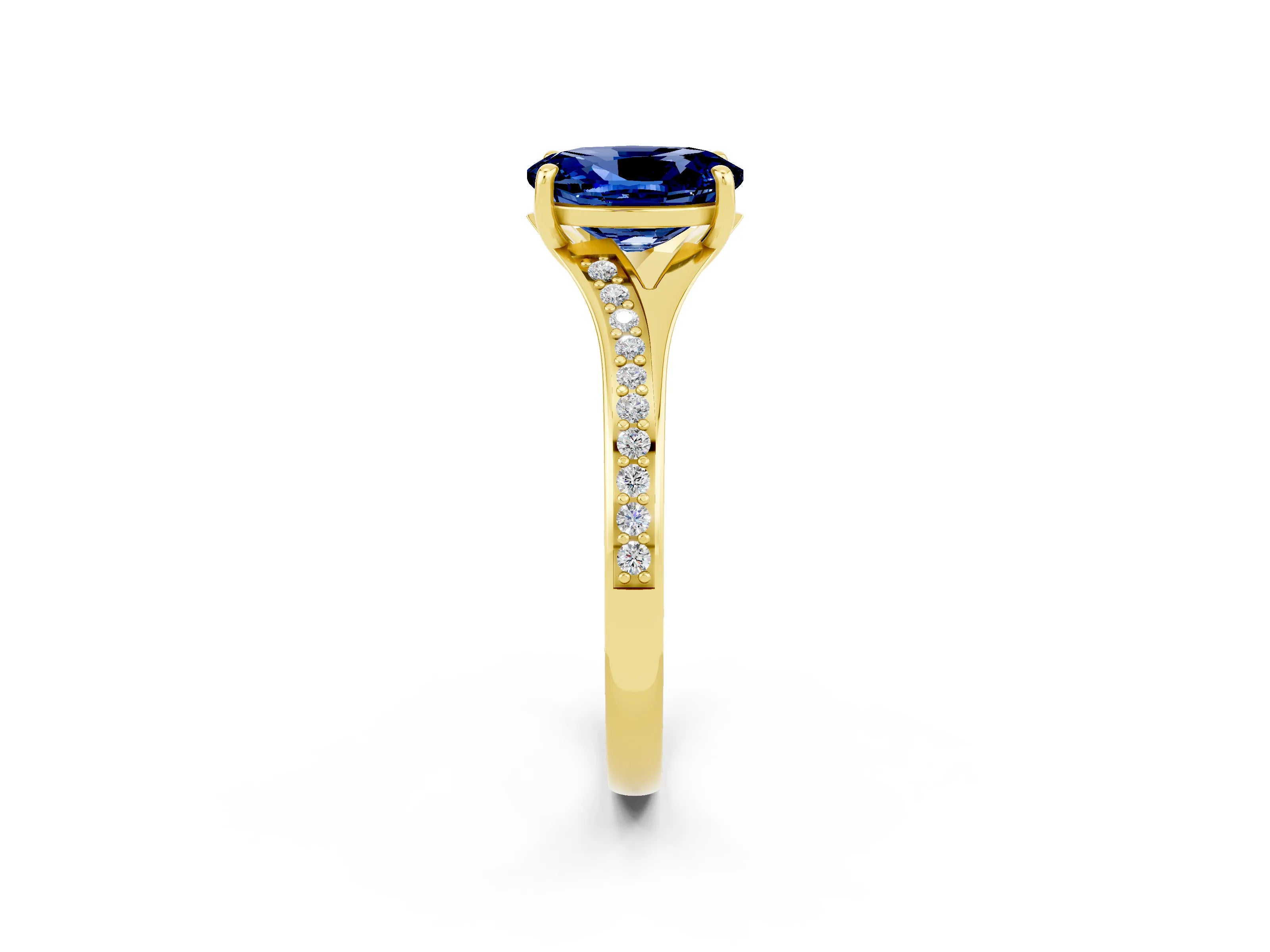 Yellow gold Oval Cut Blue Sapphire Solitaire Ring with Pavé Band and Prong Setting_2