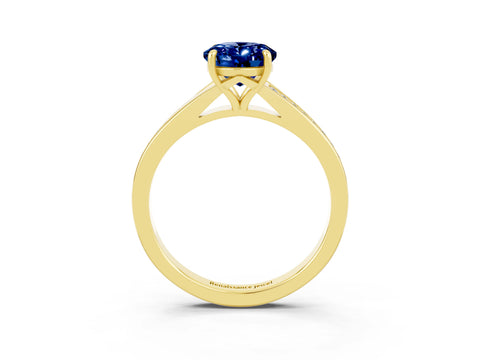 Yellow gold Oval Cut Blue Sapphire Solitaire Ring with Pavé Band and Prong Setting_3