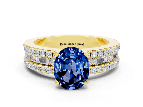 Yellow gold Oval Cut Blue Sapphire Solitaire Ring with Pavé and Channel Set Band