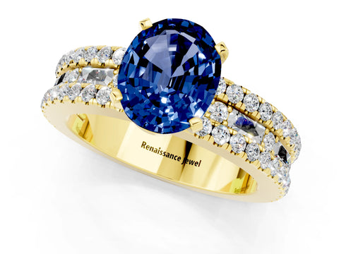 Yellow gold Oval Cut Blue Sapphire Solitaire Ring with Pavé and Channel Set Band_1