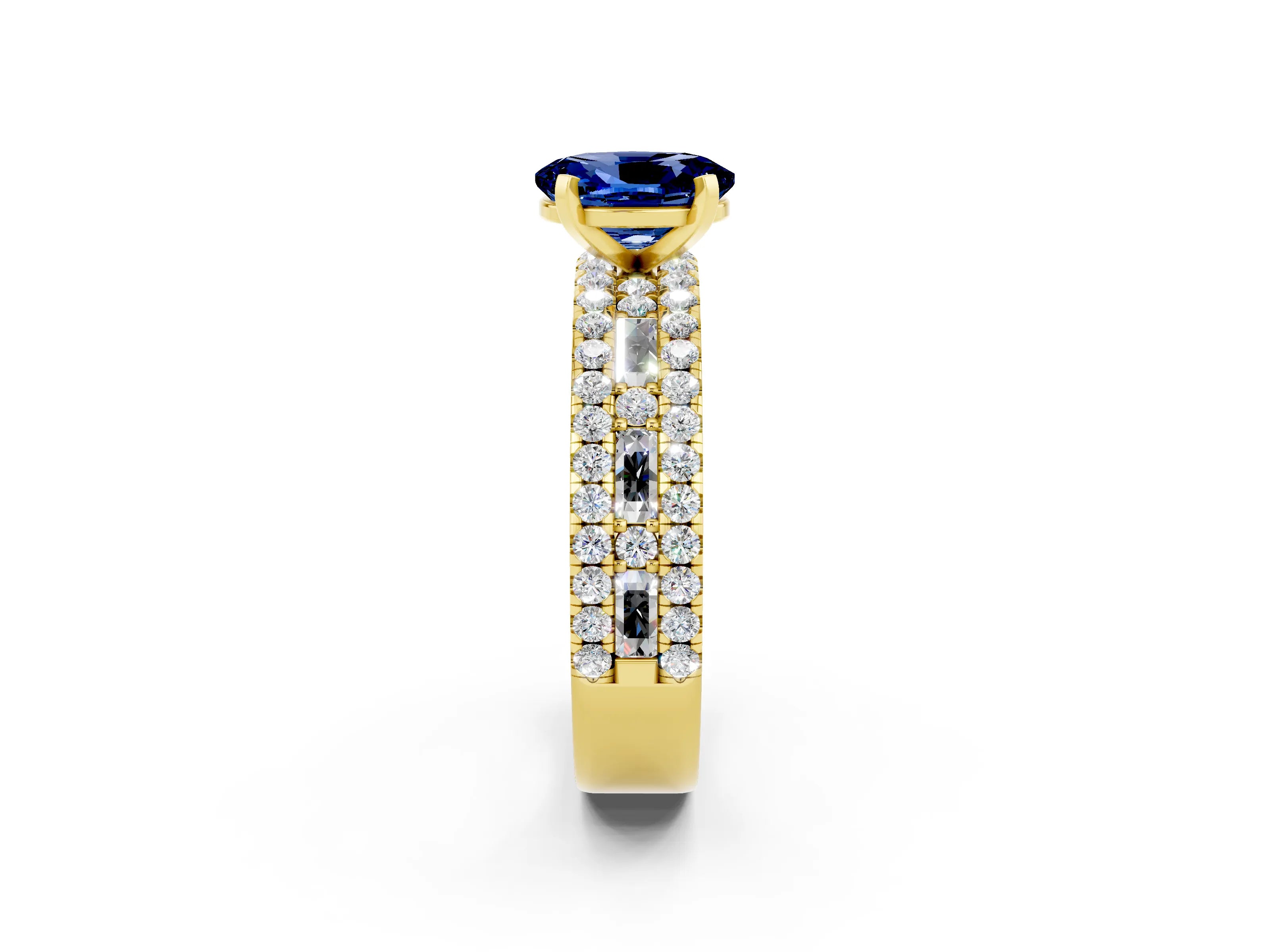 Yellow gold Oval Cut Blue Sapphire Solitaire Ring with Pavé and Channel Set Band_2