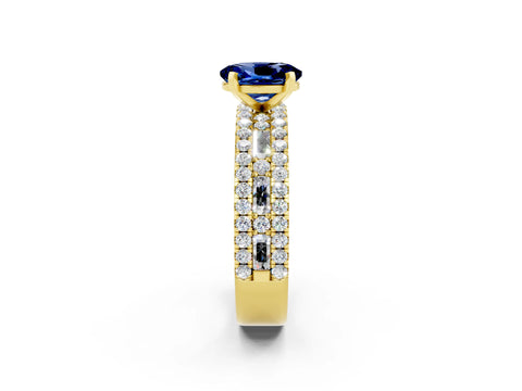 Yellow gold Oval Cut Blue Sapphire Solitaire Ring with Pavé and Channel Set Band_2