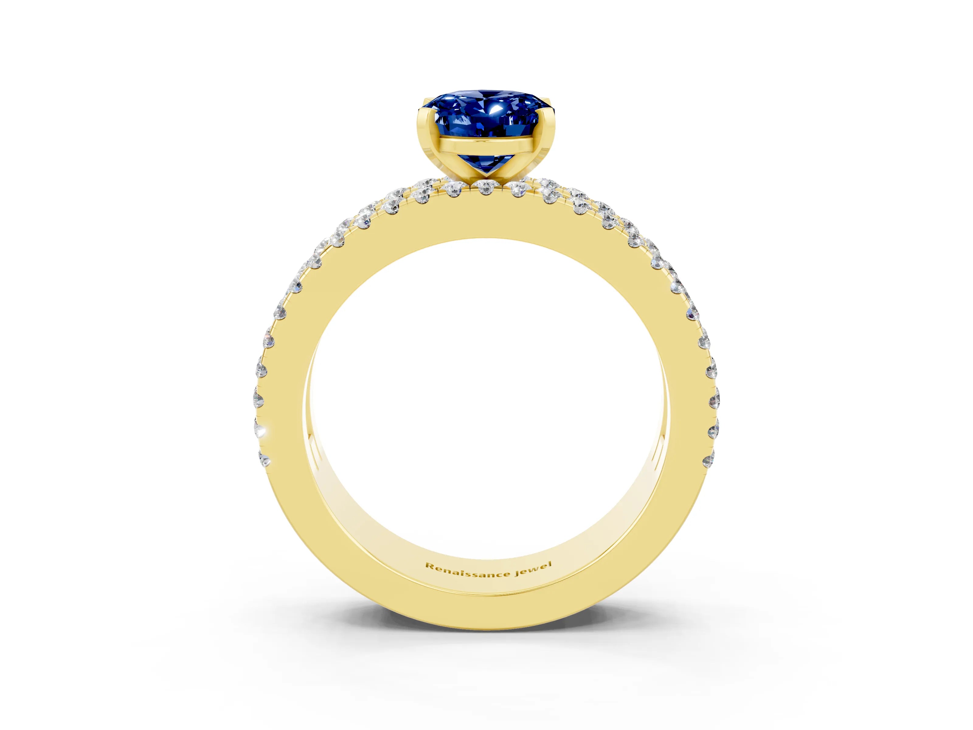 Yellow gold Oval Cut Blue Sapphire Solitaire Ring with Pavé and Channel Set Band_3