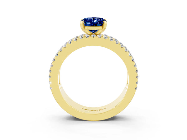 Yellow gold Oval Cut Blue Sapphire Solitaire Ring with Pavé and Channel Set Band
