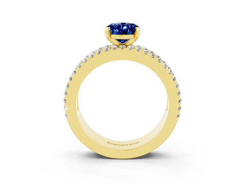 Yellow gold Oval Cut Blue Sapphire Solitaire Ring with Pavé and Channel Set Band_3