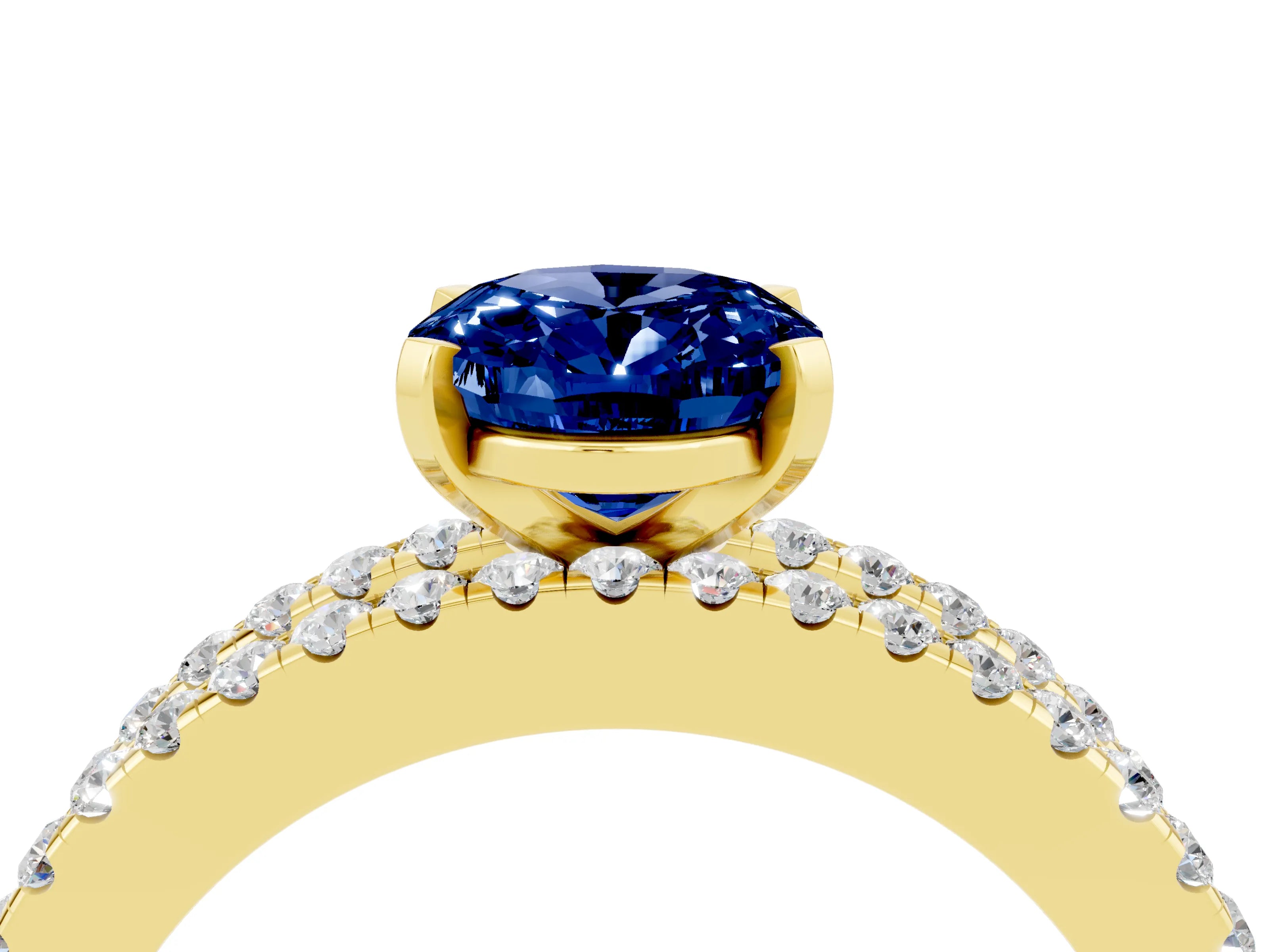 Yellow gold Oval Cut Blue Sapphire Solitaire Ring with Pavé and Channel Set Band_4