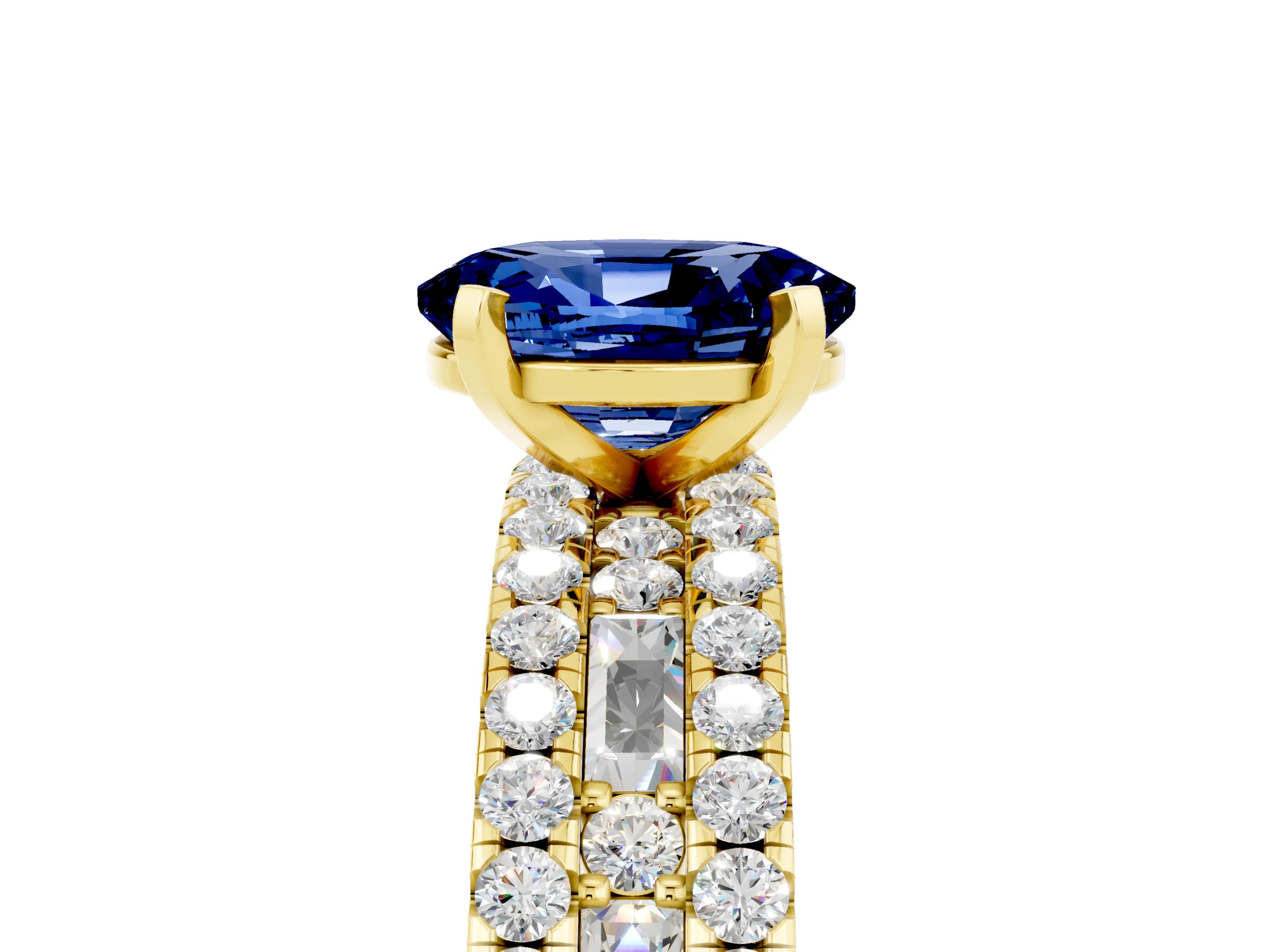 Yellow gold Oval Cut Blue Sapphire Solitaire Ring with Pavé and Channel Set Band_5