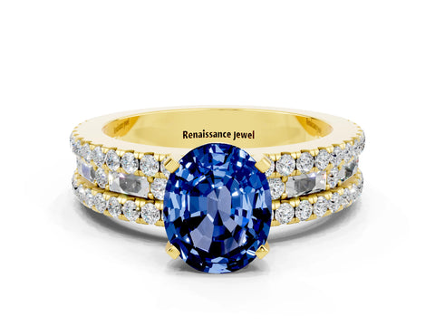 Yellow gold Oval Cut Blue Sapphire Solitaire Ring with Pavé and Channel Set Band
