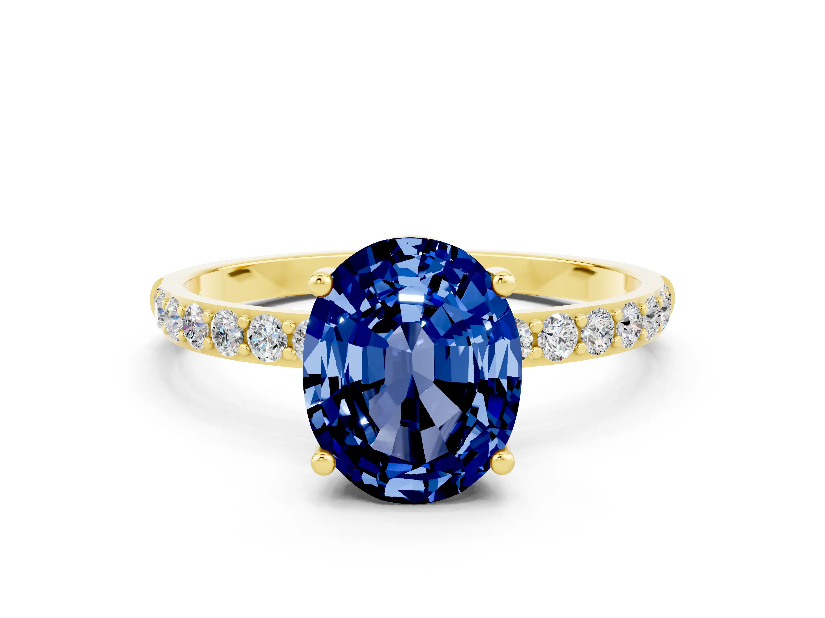 Yellow gold Oval Cut Blue Sapphire Solitaire Ring with Pave Band and Four Prong Setting_24