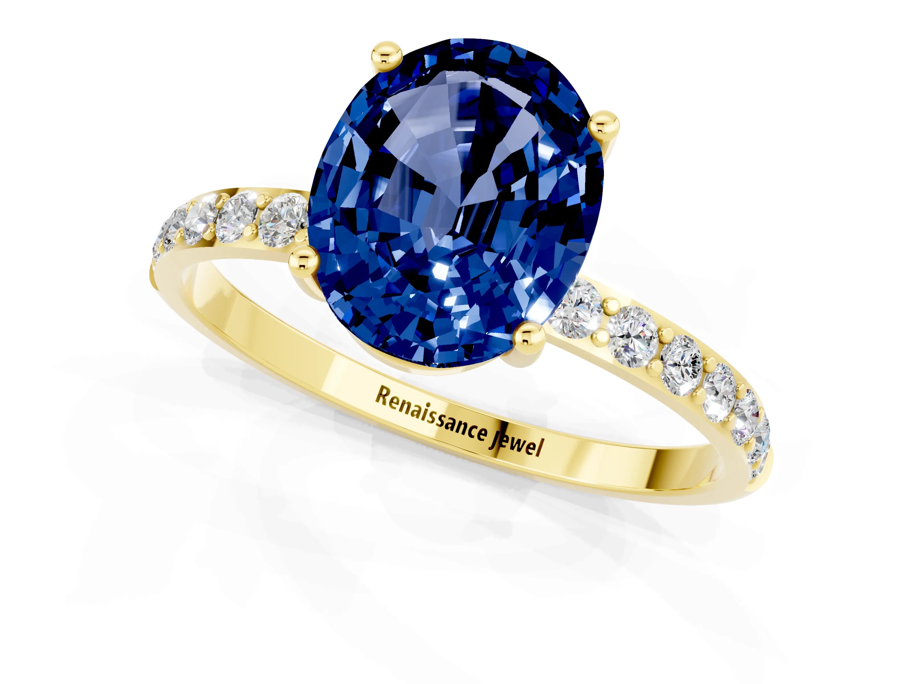 Yellow gold Oval Cut Blue Sapphire Solitaire Ring with Pave Band and Four Prong Setting_25