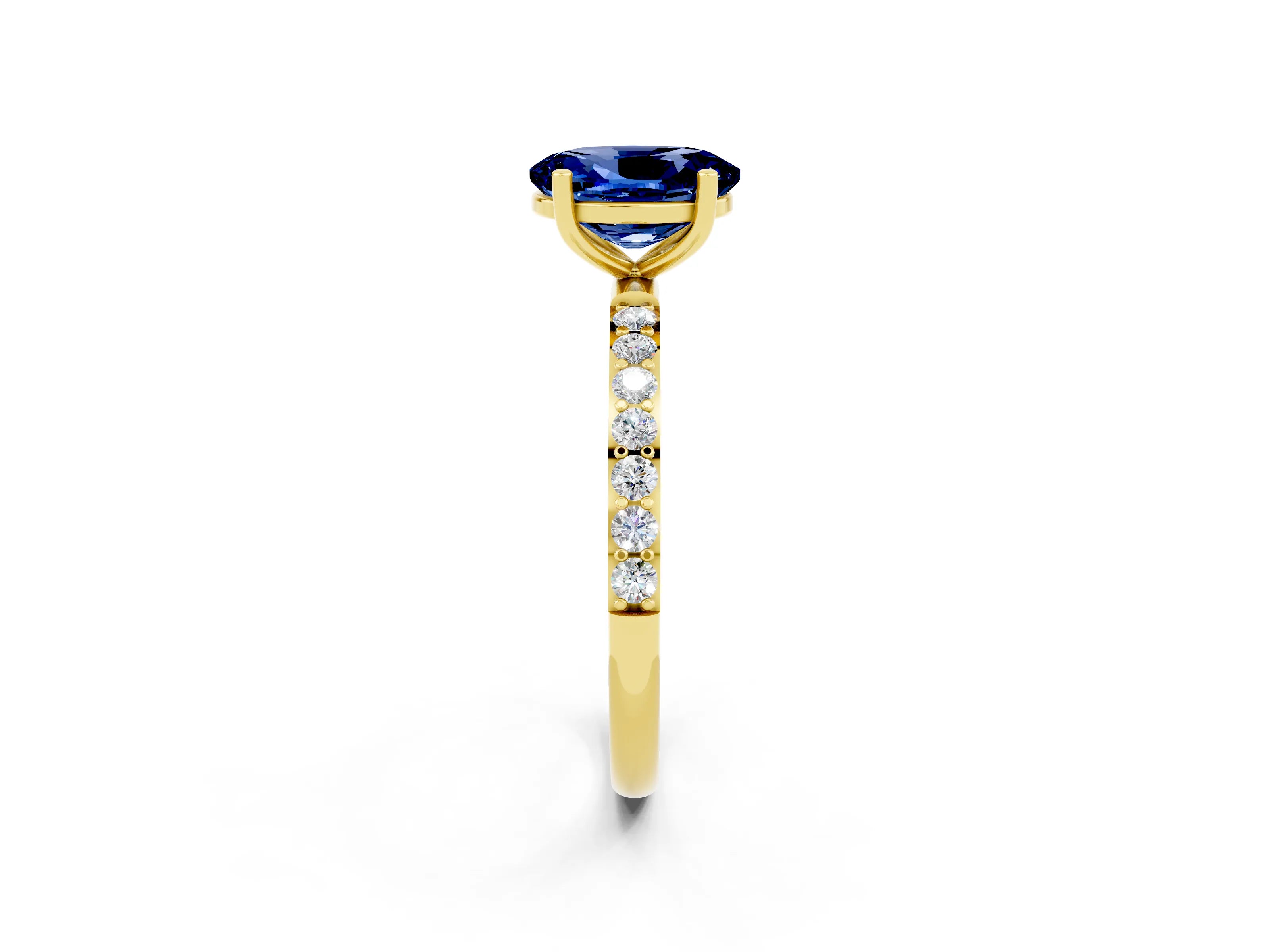 Yellow gold Oval Cut Blue Sapphire Solitaire Ring with Pave Band and Four Prong Setting_26