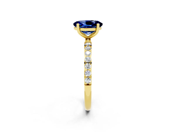 Yellow gold Oval Cut Blue Sapphire Solitaire Ring with Round  Pavé Band and Prong Setting