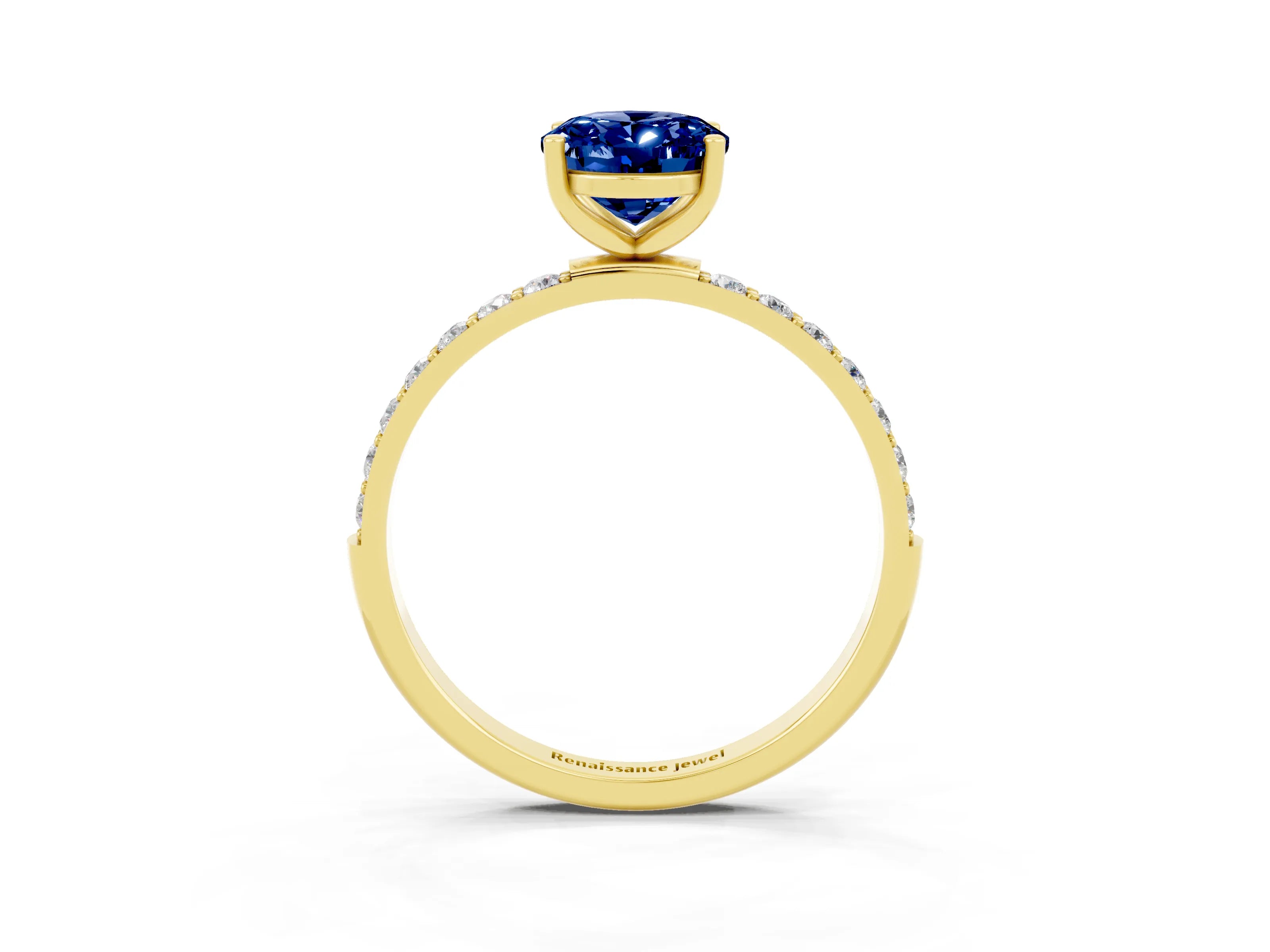 Yellow gold Oval Cut Blue Sapphire Solitaire Ring with Pave Band and Four Prong Setting_27