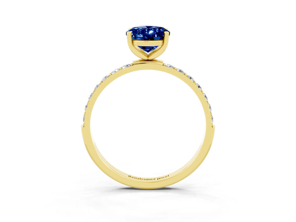 Yellow gold Oval Cut Blue Sapphire Solitaire Ring with Round  Pavé Band and Prong Setting
