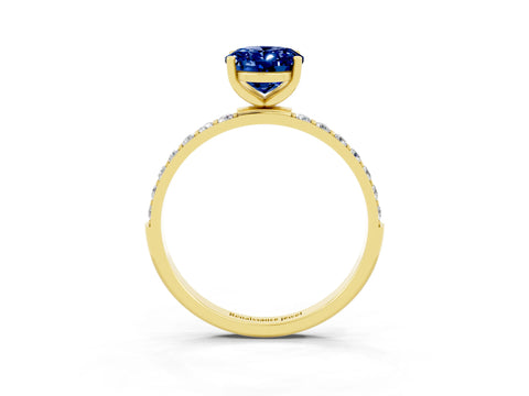 Yellow gold Oval Cut Blue Sapphire Solitaire Ring with Pave Band and Four Prong Setting_27