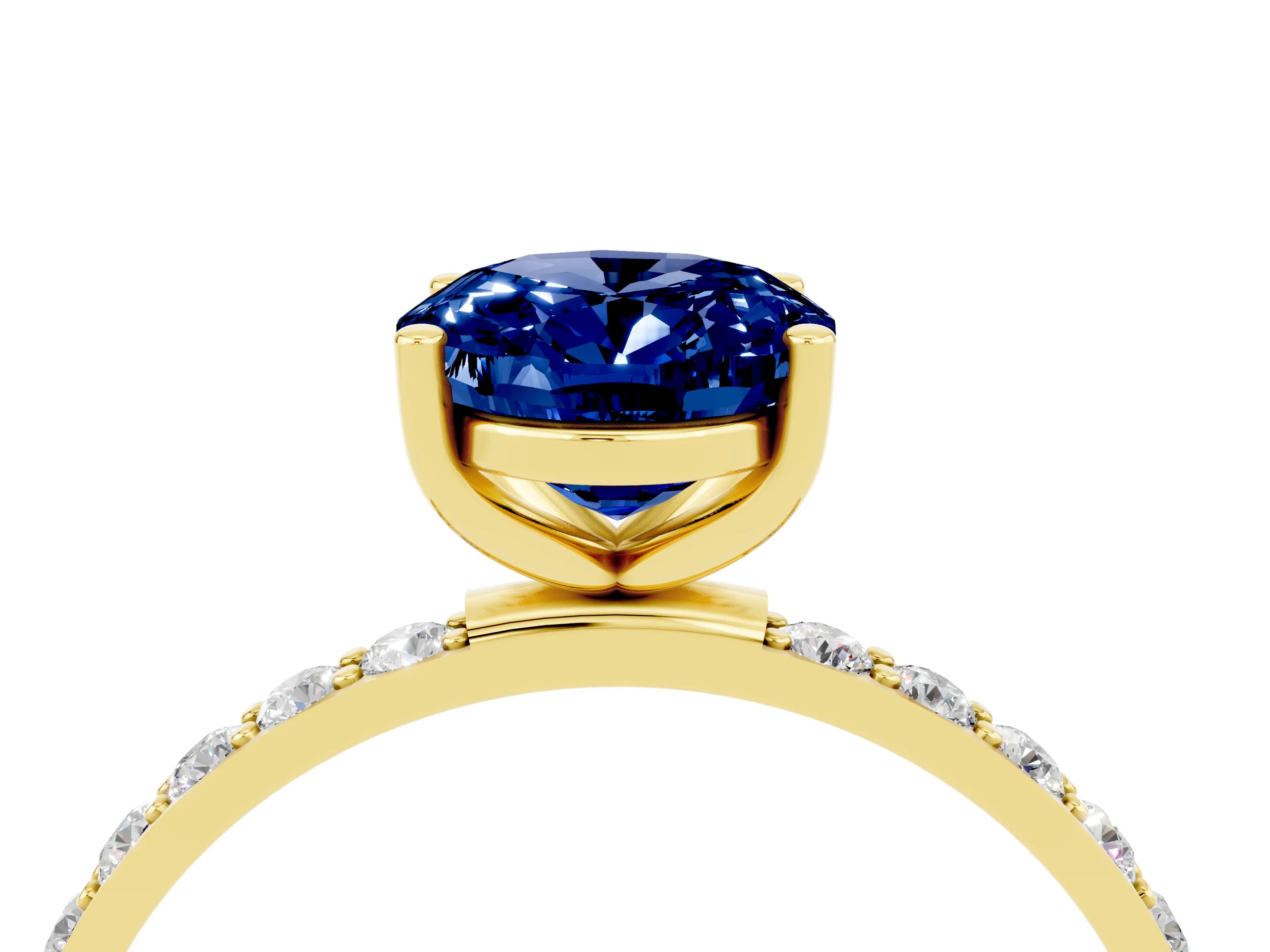 Yellow gold Oval Cut Blue Sapphire Solitaire Ring with Pave Band and Four Prong Setting_28