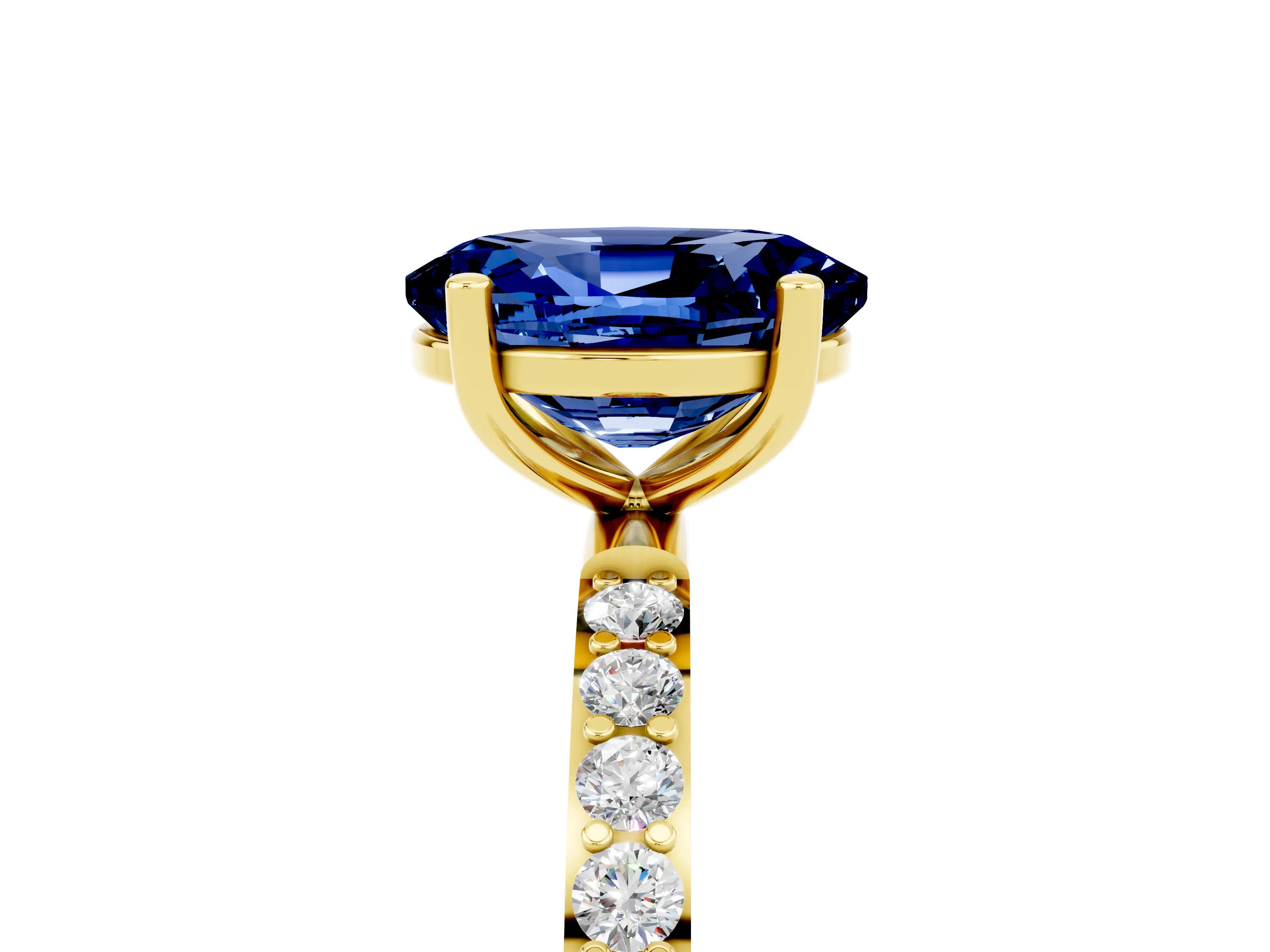 Yellow gold Oval Cut Blue Sapphire Solitaire Ring with Pave Band and Four Prong Setting_29