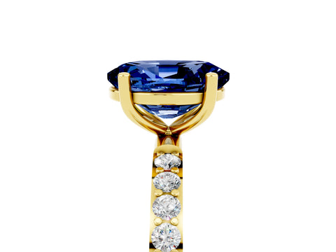 Yellow gold Oval Cut Blue Sapphire Solitaire Ring with Pave Band and Four Prong Setting_29