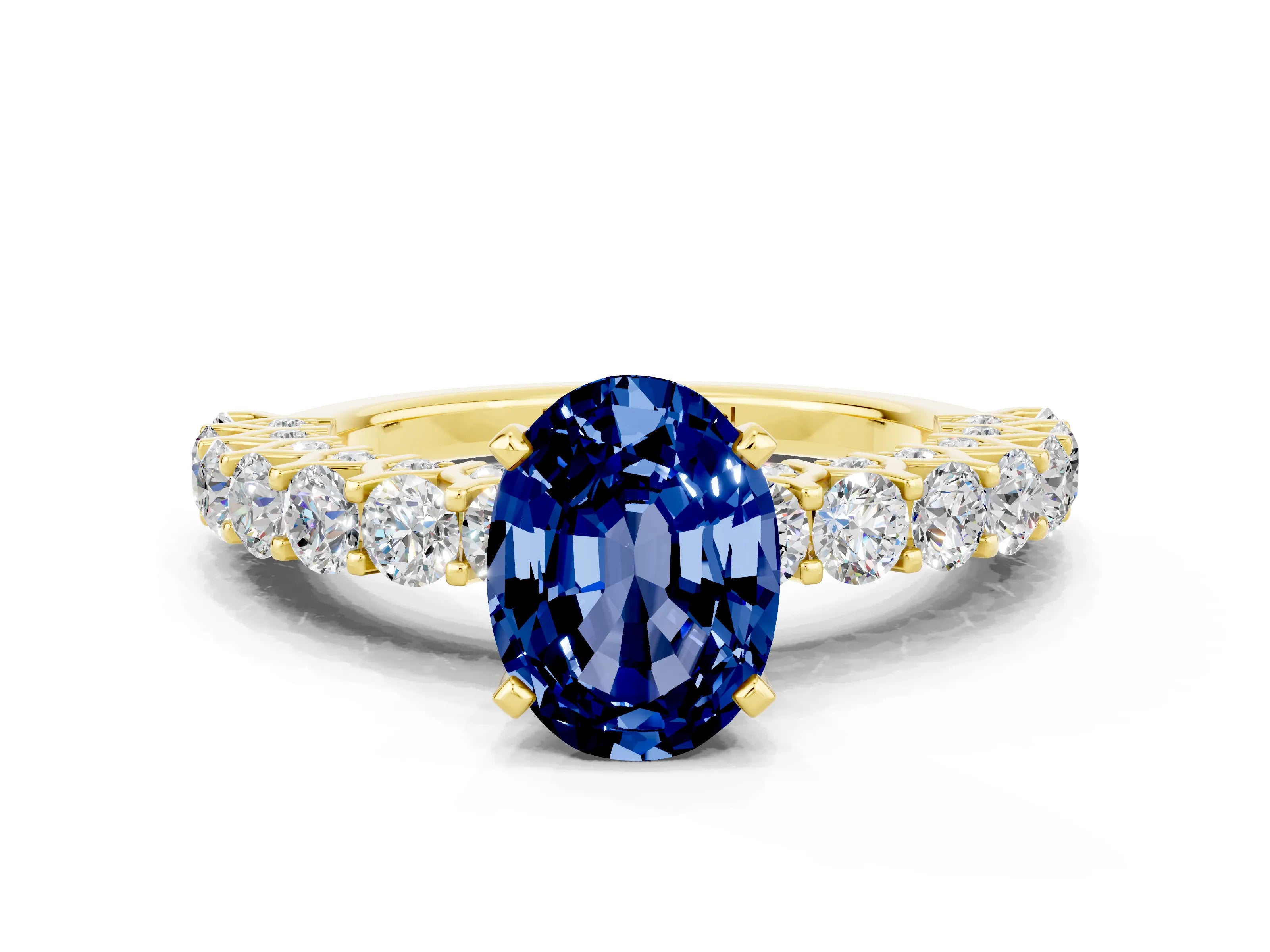 Yellow gold Oval Cut Blue Sapphire Solitaire Ring with Shared Prong Pavé Band and Four-Prong Setting