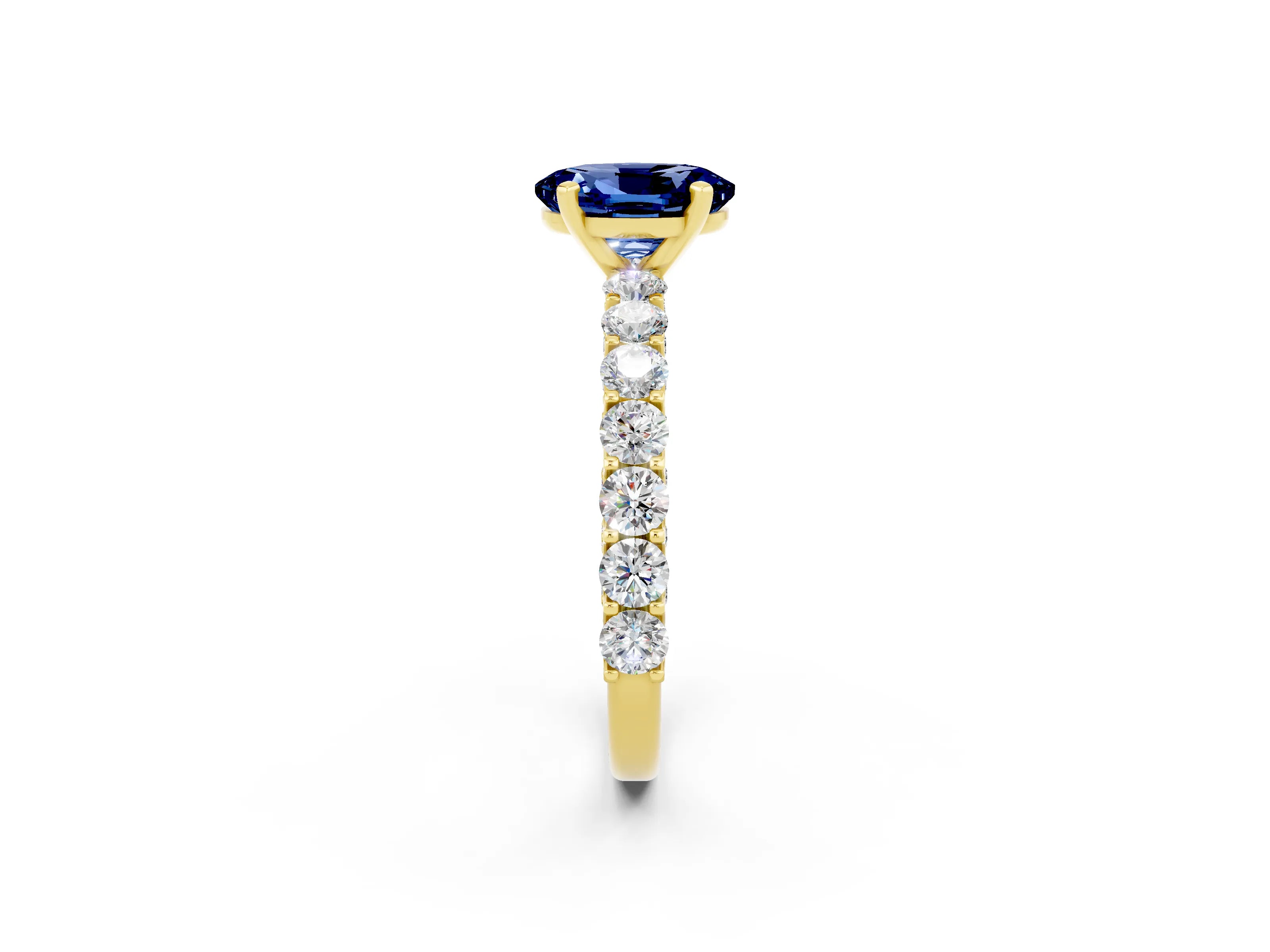 Yellow gold Oval Cut Blue Sapphire Solitaire Ring with Shared Prong Pavé Band and Four-Prong Setting_2