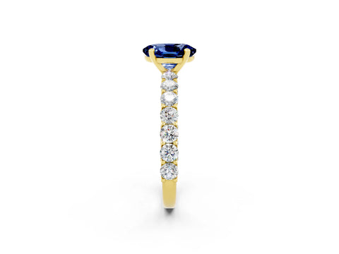 Yellow gold Oval Cut Blue Sapphire Solitaire Ring with Shared Prong Pavé Band and Four-Prong Setting_2