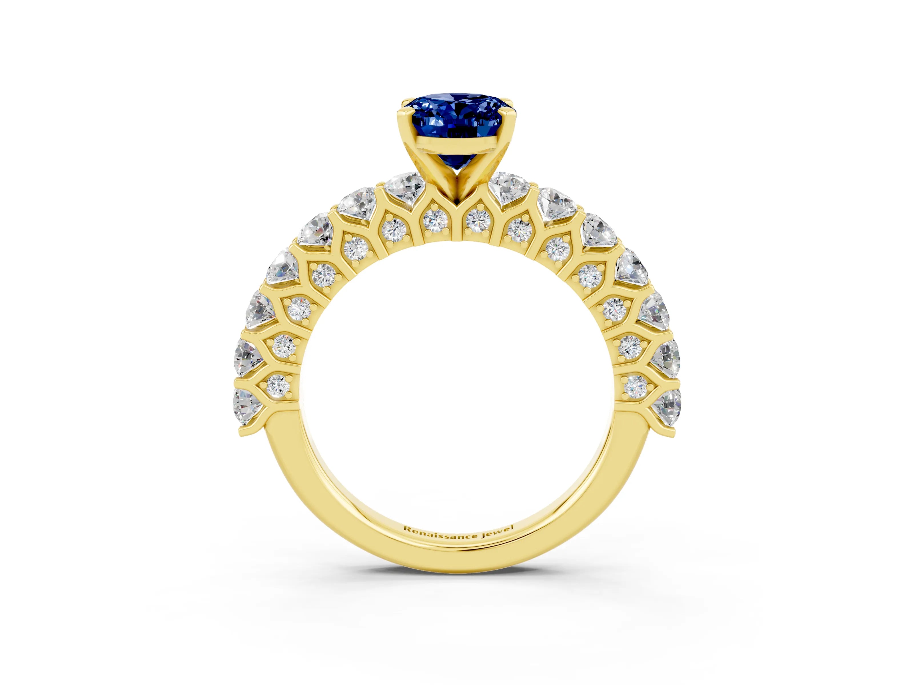 Yellow gold Oval Cut Blue Sapphire Solitaire Ring with Shared Prong Pavé Band and Four-Prong Setting_3