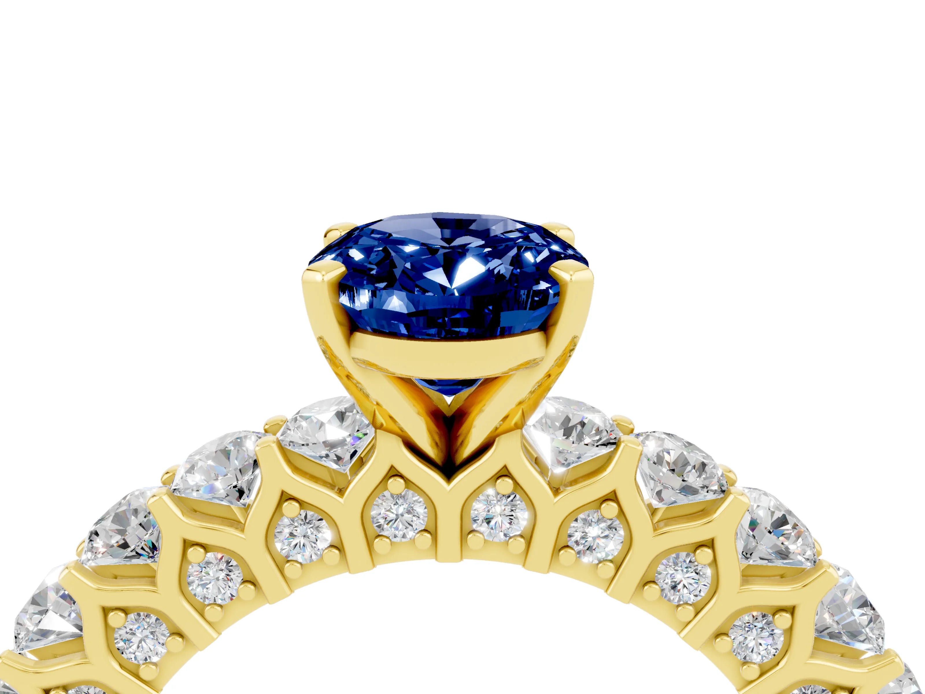 Yellow gold Oval Cut Blue Sapphire Solitaire Ring with Shared Prong Pavé Band and Four-Prong Setting_4