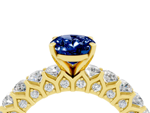 Yellow gold Oval Cut Blue Sapphire Solitaire Ring with Shared Prong Pavé Band and Four-Prong Setting_4