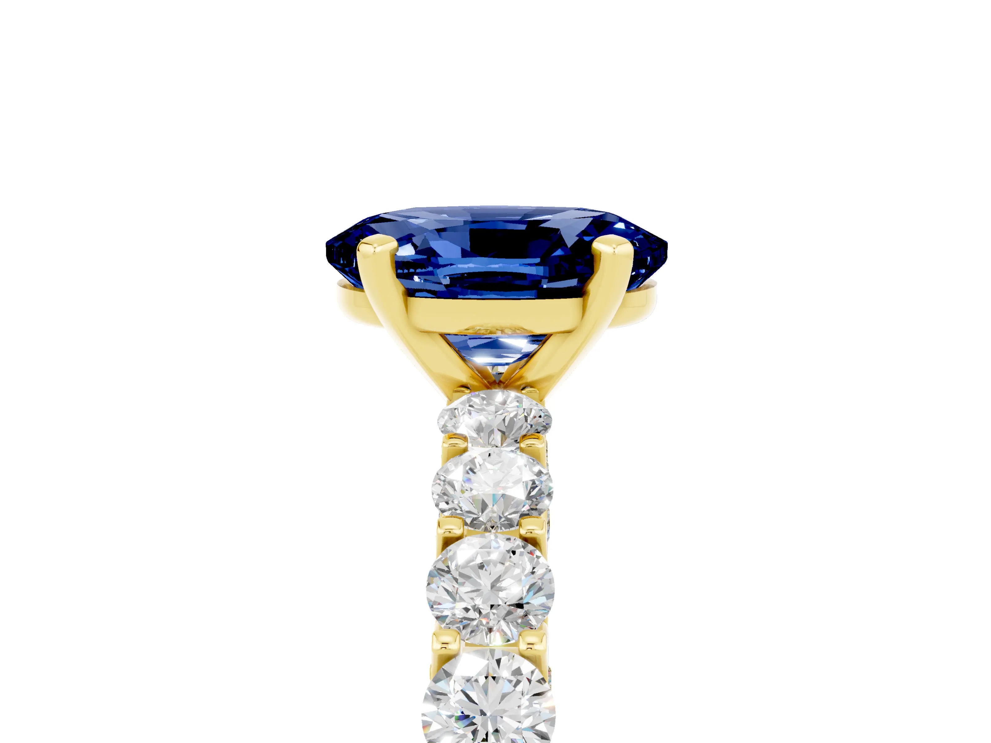 Yellow gold Oval Cut Blue Sapphire Solitaire Ring with Shared Prong Pavé Band and Four-Prong Setting_5