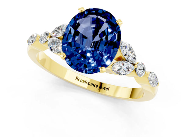 Yellow gold Oval Cut Blue Sapphire Solitaire Ring with Side Stones and Four-Prong Setting