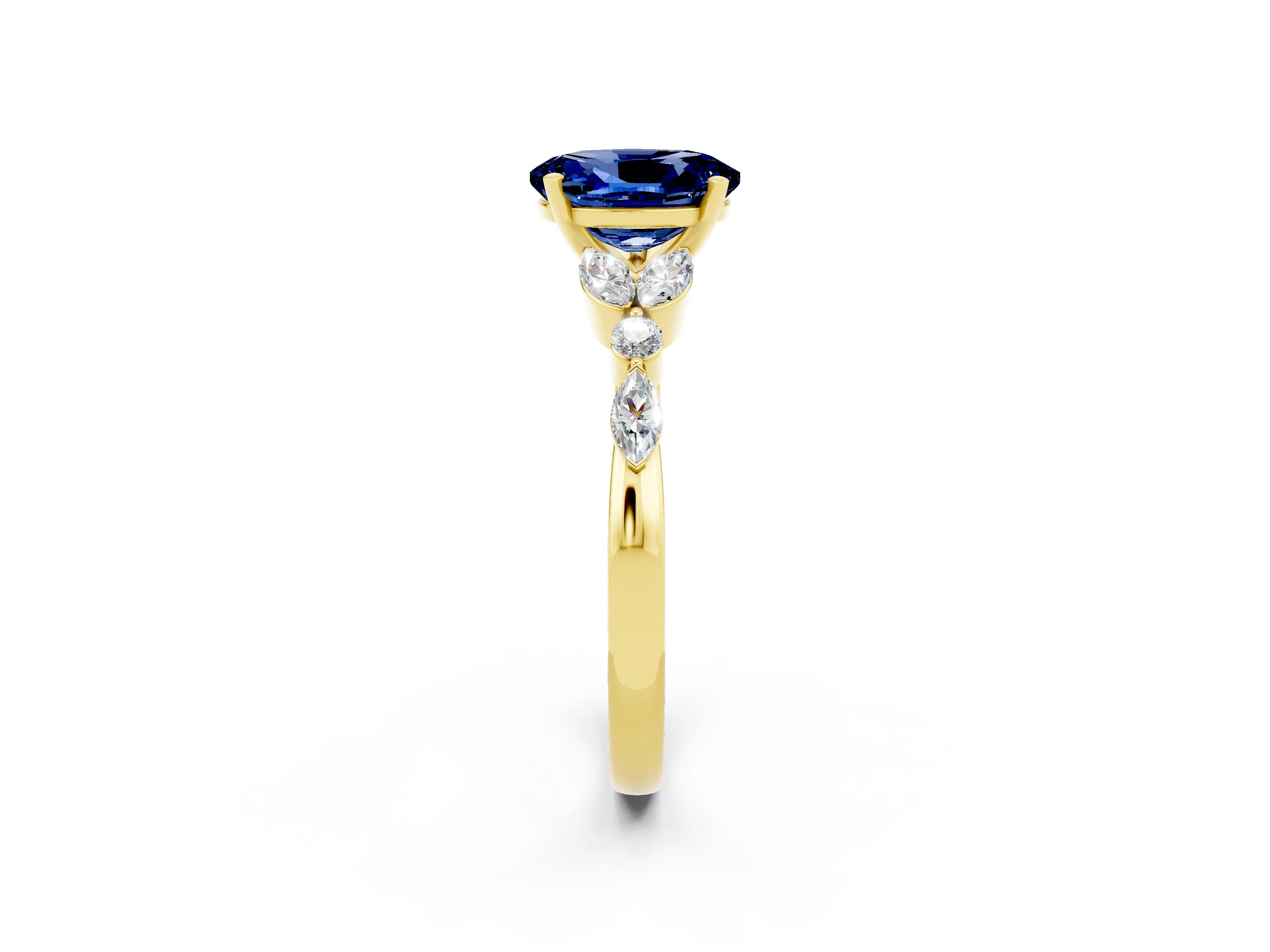Yellow gold Oval Cut Blue Sapphire Solitaire Ring with Side Stones and Four-Prong Setting_14