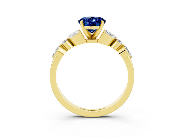Yellow gold Oval Cut Blue Sapphire Solitaire Ring with Side Stones and Four-Prong Setting