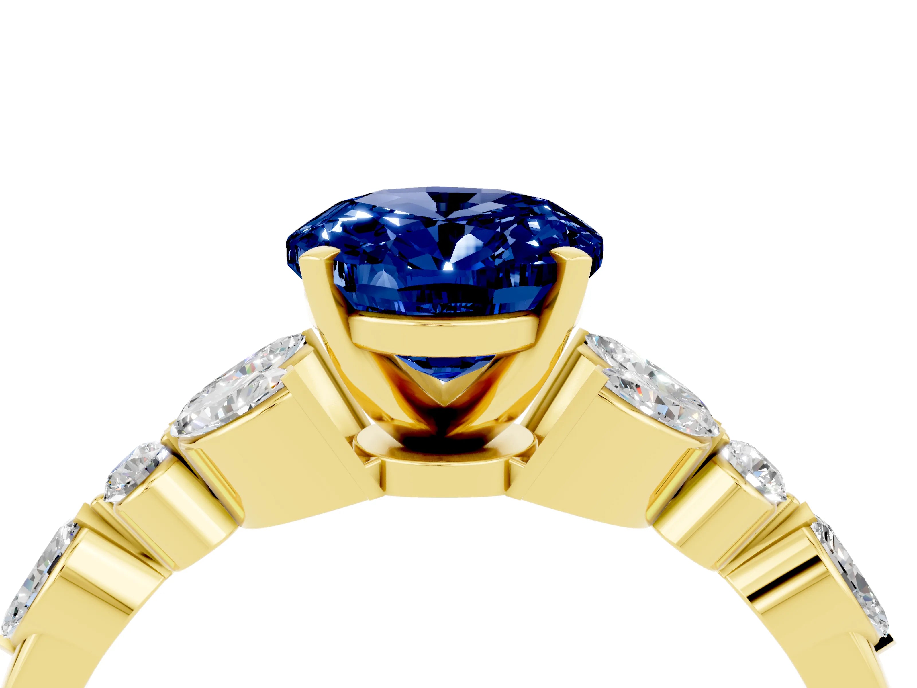 Yellow gold Oval Cut Blue Sapphire Solitaire Ring with Side Stones and Four-Prong Setting_16