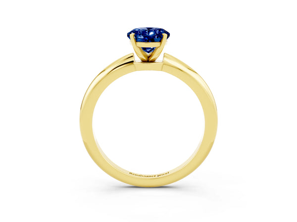 Yellow gold Oval Cut Blue Sapphire Solitaire Ring with Six-Prong Setting and Classic Band
