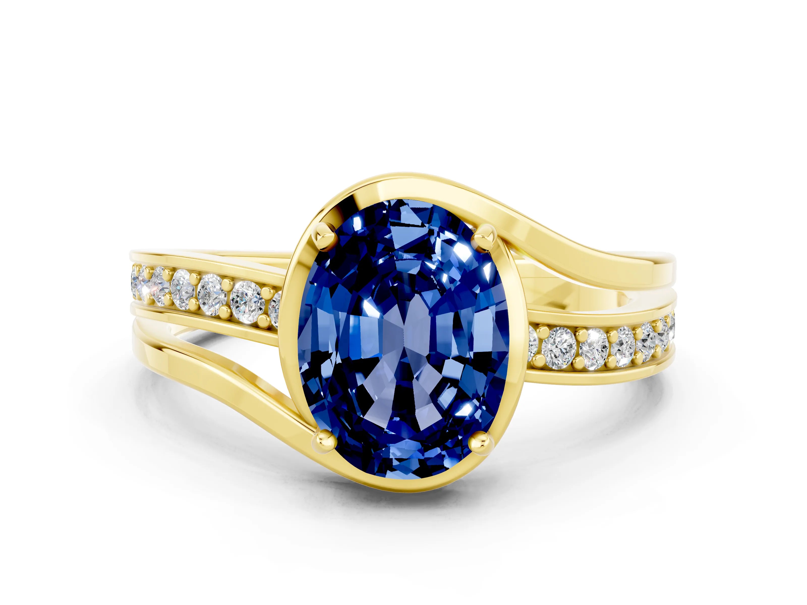 Yellow gold Oval Cut Blue Sapphire Solitaire Ring with Split Shank and Prong Setting