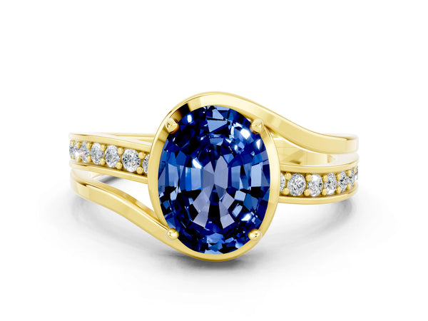 Yellow gold Oval Cut Blue Sapphire Solitaire Ring with Split Shank and Prong Setting