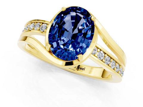 Yellow gold Oval Cut Blue Sapphire Solitaire Ring with Split Shank and Prong Setting_1